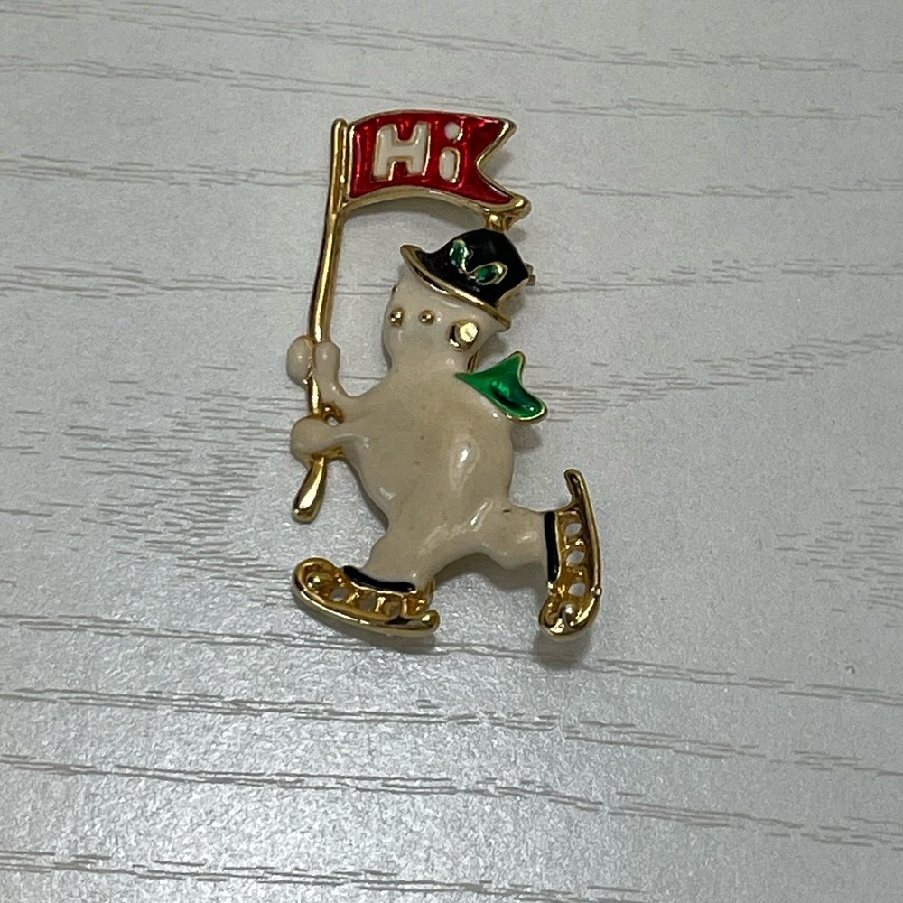 Vintage Enamel Snowman On Skates Holding Hi Flag Brooch Pin Skating Christmas